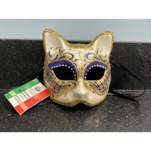 La Maschera Del Galeone Cat Mask Italy Hand Painted Venice Masquerade/Gold White
